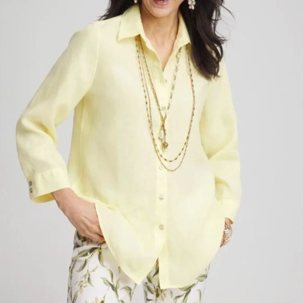 Chico's No Iron™ Linen Shirt Yellow Size L